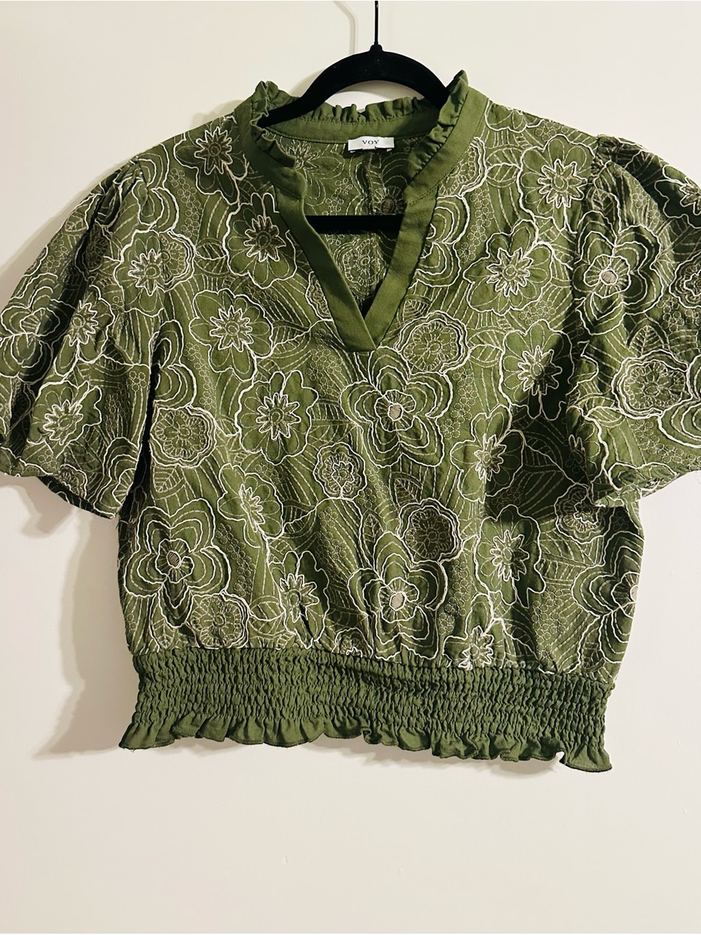 Voy Olive Green Floral Embroidered Smocked-Waist Top